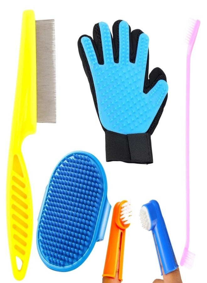 مجموعة العناية بالحيوانات الأليفة مع قفاز لإزالة الشعر الزائد، ومشط معدني، وفرشاة تدليك، ومجموعة فرشاة أسنان للأصابع، أزرق، أصفر، برتقالي، 4 قطع - Image 1